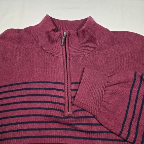 LL Bean Mens XL Tall Cotton Cashmere Quarter Zip Striped Sweater Burgundy